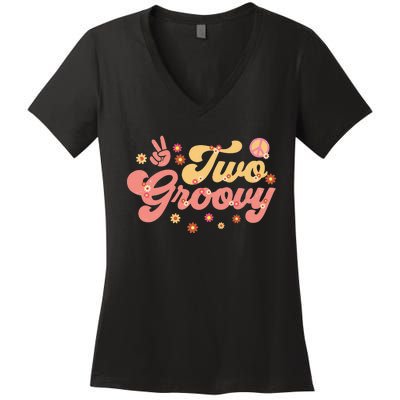 Two Groovy Party Decorations Hippie Groovy Flowers 2nd Bday Women's V-Neck T-Shirt