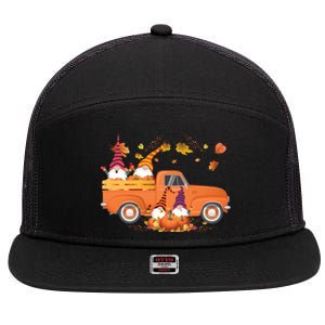 Truck Gnomes Pumpkin Truck Fall Leaf Thanksgiving Halloween Great Gift 7 Panel Mesh Trucker Snapback Hat