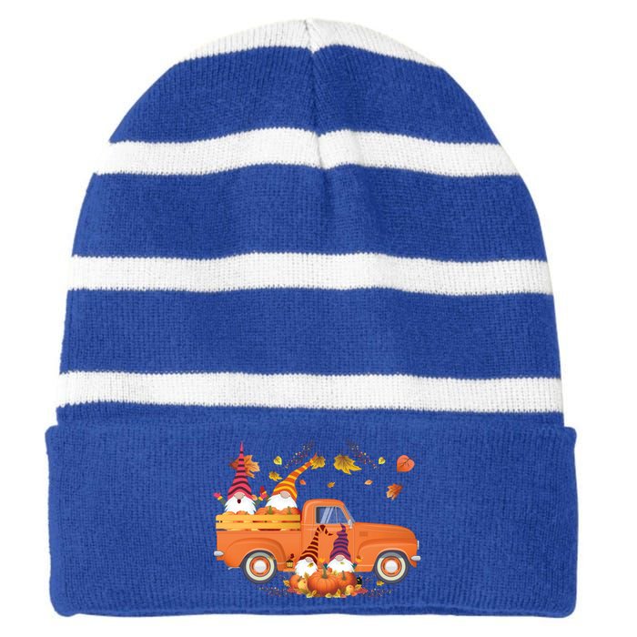 Truck Gnomes Pumpkin Truck Fall Leaf Thanksgiving Halloween Great Gift Striped Beanie with Solid Band