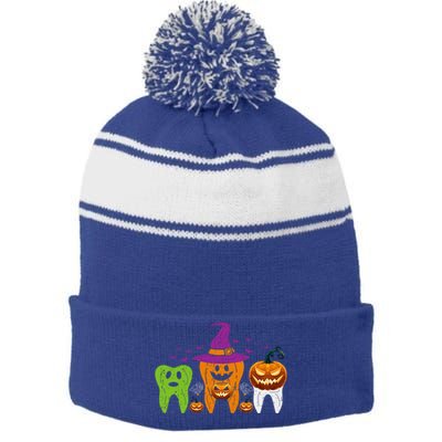 Teeth Ghost Pumpkin Witch Cute Dental Halloween Cool Gift Stripe Pom Pom Beanie