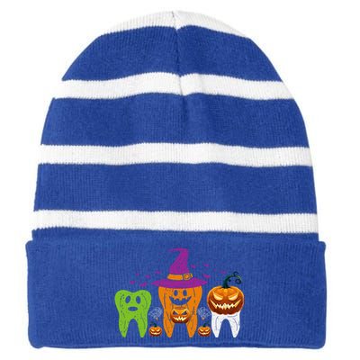 Teeth Ghost Pumpkin Witch Cute Dental Halloween Cool Gift Striped Beanie with Solid Band