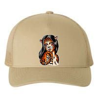 Tiger Girl Pretty Girl Bengal Tiger Traditional Tattoo Flash Yupoong Adult 5-Panel Trucker Hat