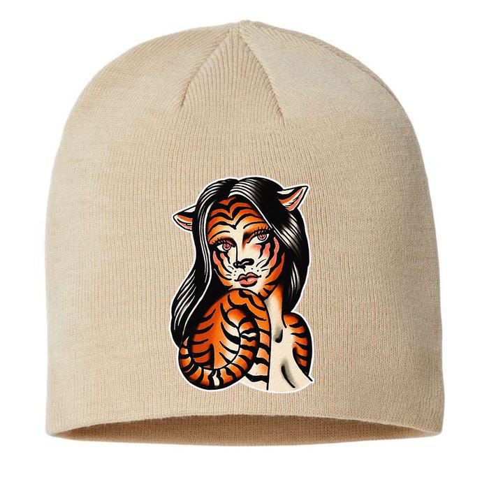 Tiger Girl Pretty Girl Bengal Tiger Traditional Tattoo Flash Sustainable Beanie