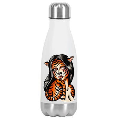 Tiger Girl Pretty Girl Bengal Tiger Traditional Tattoo Flash Stainless Steel Insulated Water Bottle