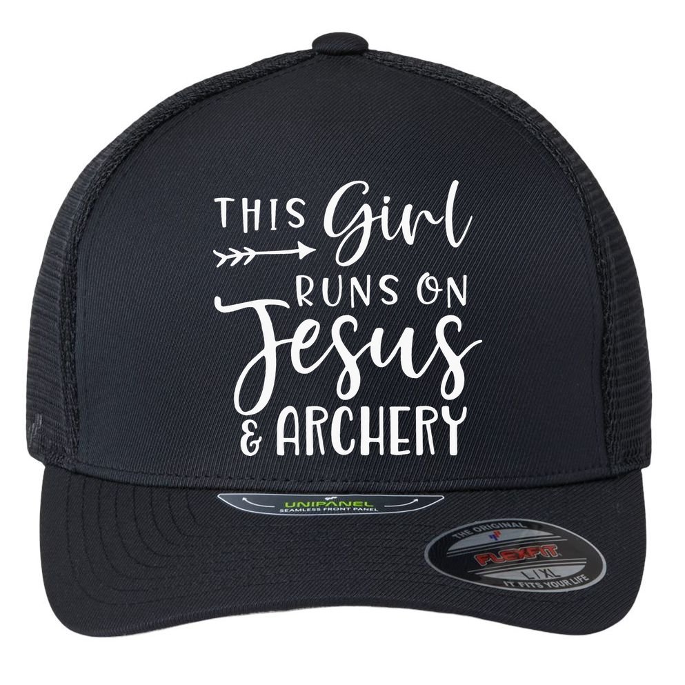 This Girl Runs On Jesus And Archery Flexfit Unipanel Trucker Cap