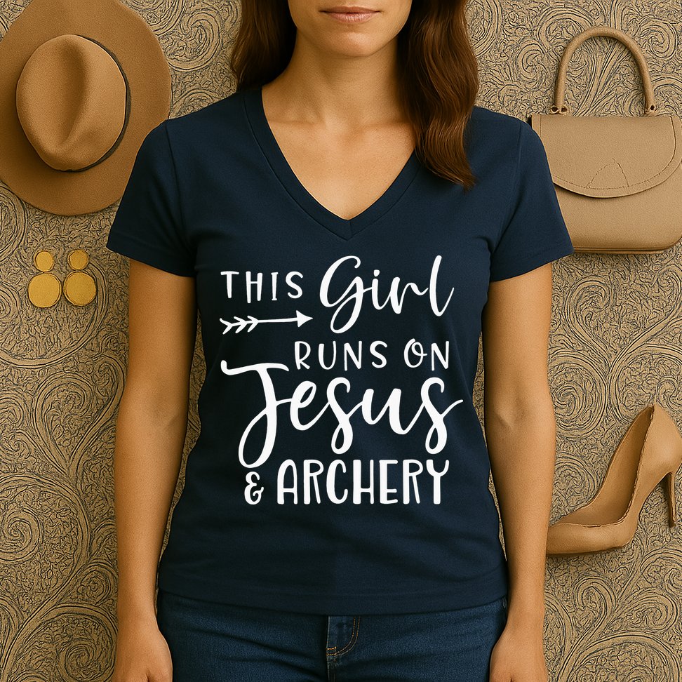 This Girl Runs On Jesus And Archery Women's V-Neck T-Shirt