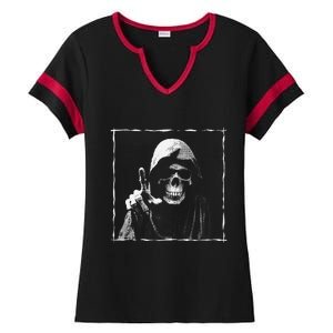 The Grim Reaper Shows Index Finger Horror Halloween Monster Ladies Halftime Notch Neck Tee