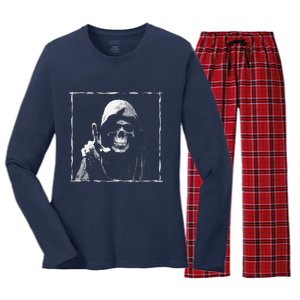 The Grim Reaper Shows Index Finger Horror Halloween Monster Women's Long Sleeve Flannel Pajama Set 