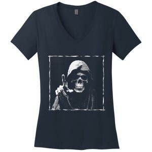 The Grim Reaper Shows Index Finger Horror Halloween Monster Women's V-Neck T-Shirt