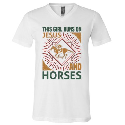 This Girl Runs On Jesus And Horses V-Neck T-Shirt