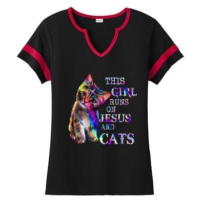 This Girl Runs On Jesus And Cats Ladies Halftime Notch Neck Tee