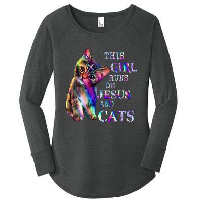 This Girl Runs On Jesus And Cats Women's Perfect Tri Tunic Long Sleeve Shirt