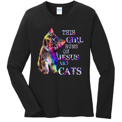 This Girl Runs On Jesus And Cats Ladies Long Sleeve Shirt