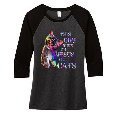 This Girl Runs On Jesus And Cats Women's Tri-Blend 3/4-Sleeve Raglan Shirt