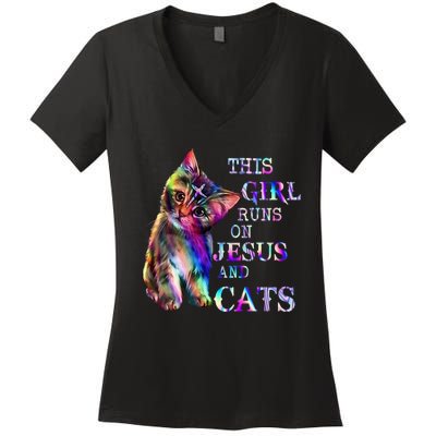 This Girl Runs On Jesus And Cats Women's V-Neck T-Shirt