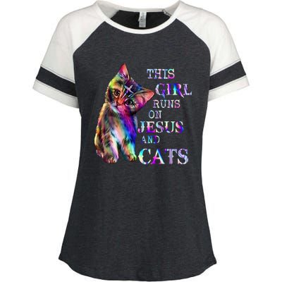 This Girl Runs On Jesus And Cats Enza Ladies Jersey Colorblock Tee