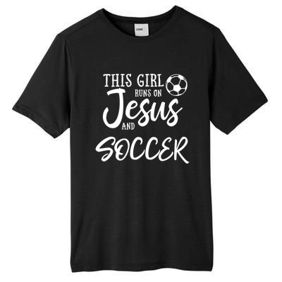 This Girl Runs On Jesus And Soccer Gift Christian Tall Fusion ChromaSoft Performance T-Shirt