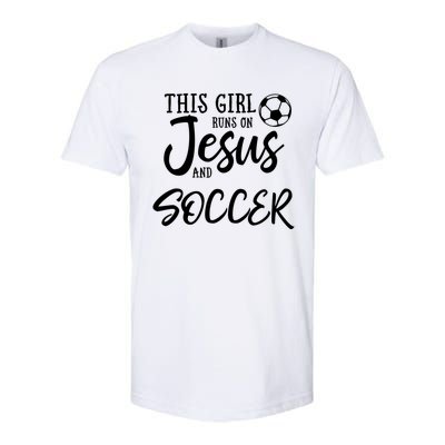 This Girl Runs On Jesus And Soccer Gift Christian Softstyle CVC T-Shirt