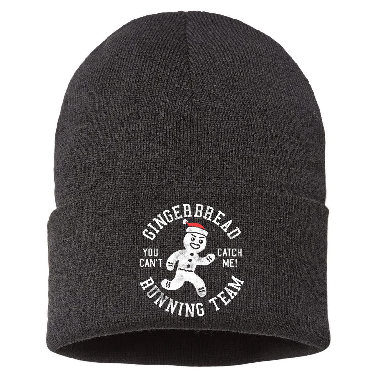 Trendy Gingerbread Running Team Christmas Humor Sustainable Knit Beanie