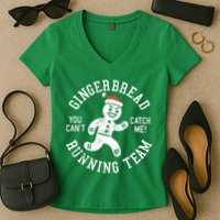 Trendy Gingerbread Running Team Christmas Humor Women's V-Neck T-Shirt