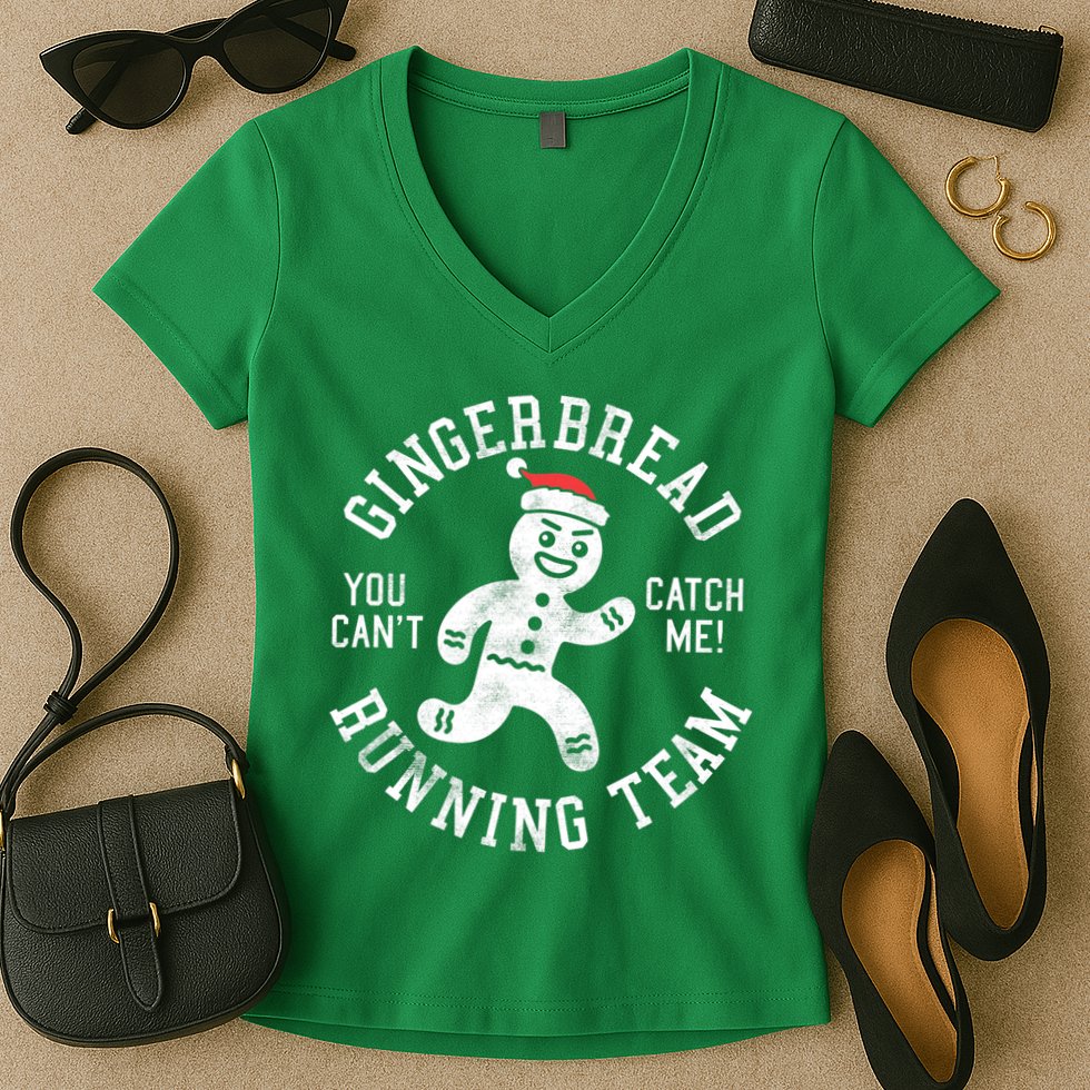 Trendy Gingerbread Running Team Christmas Humor Women's V-Neck T-Shirt