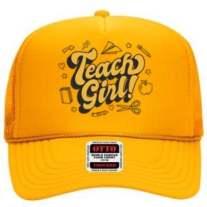 Teach Girl Retro Cute Gift For Teacher High Crown Mesh Back Trucker Hat