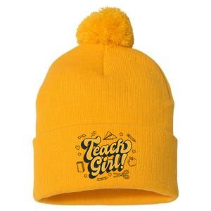 Teach Girl Retro Cute Gift For Teacher Pom Pom 12in Knit Beanie