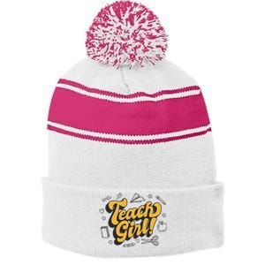 Teach Girl Retro Cute Gift For Teacher Stripe Pom Pom Beanie