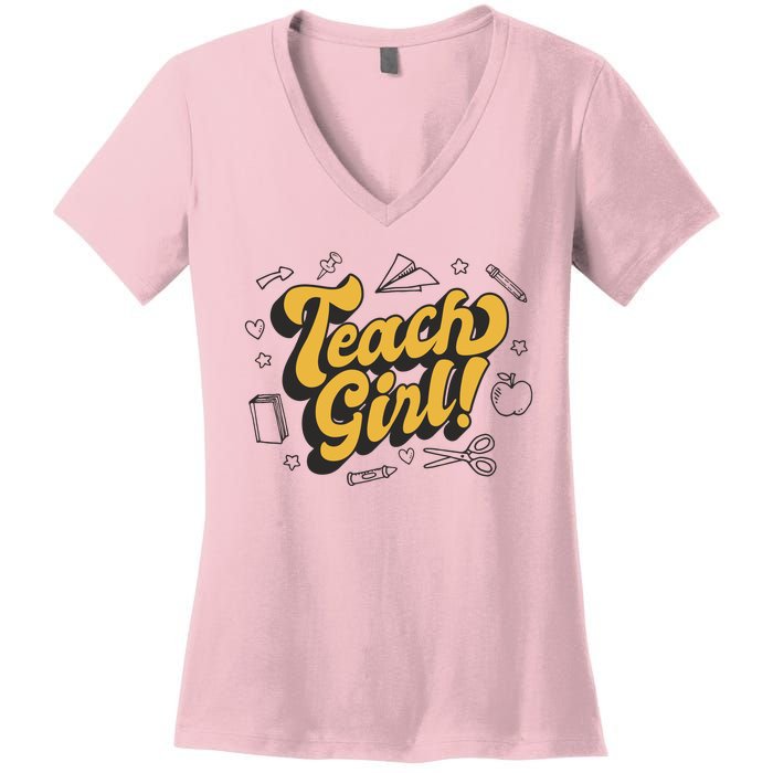 Teach Girl Retro Cute Gift For Teacher Women's V-Neck T-Shirt