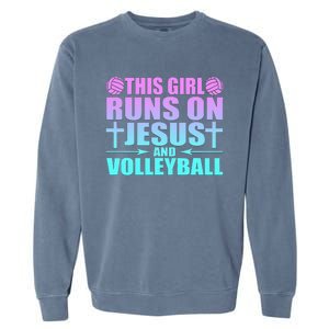 This Girl Runs On Jesus And Volleyball Novelty Garment-Dyed Sweatshirt