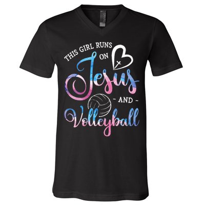 This Girl Runs On Jesus And Volleyball Player Christian Gift V-Neck T-Shirt