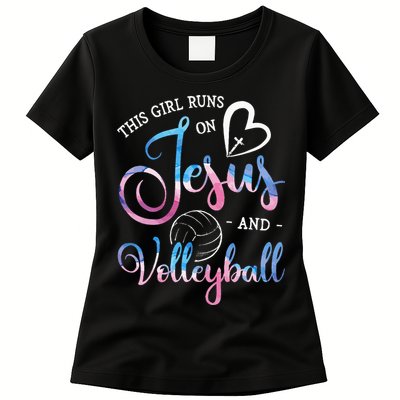 This Girl Runs On Jesus And Volleyball Player Christian Gift Womens T-Shirt