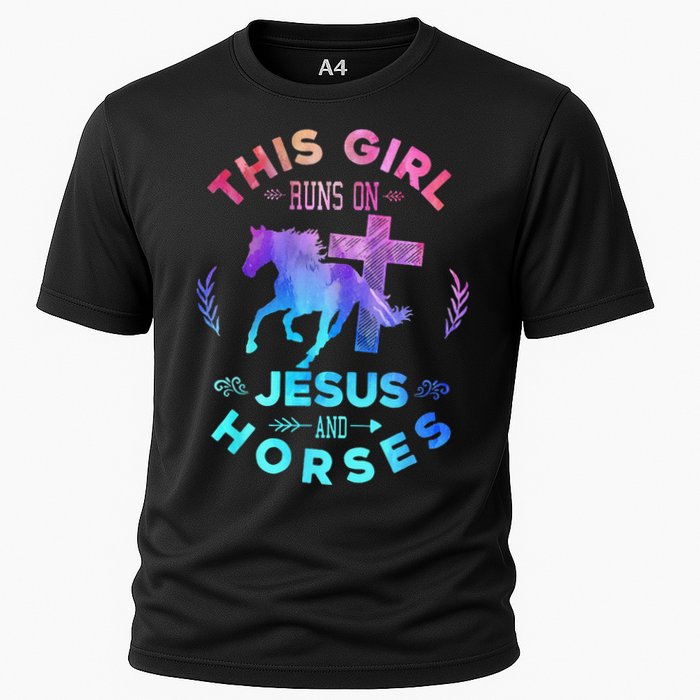 This Girl Runs On Jesus & Horses Christian Equestrian Riding Cooling Performance Crew T-Shirt