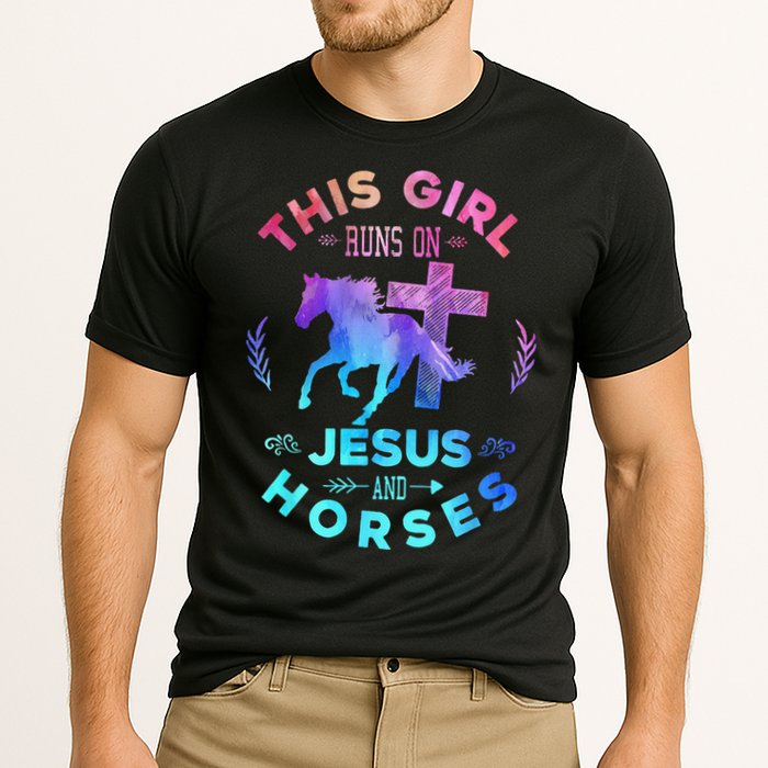 This Girl Runs On Jesus & Horses Christian Equestrian Riding Cooling Performance Crew T-Shirt