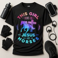 This Girl Runs On Jesus & Horses Christian Equestrian Riding Cooling Performance Crew T-Shirt
