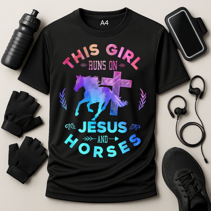 This Girl Runs On Jesus & Horses Christian Equestrian Riding Cooling Performance Crew T-Shirt