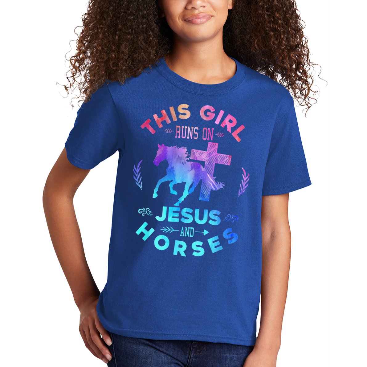 This Girl Runs On Jesus & Horses Christian Equestrian Riding Kids T-Shirt
