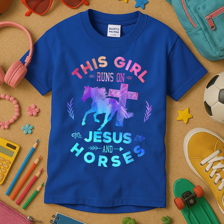 This Girl Runs On Jesus & Horses Christian Equestrian Riding Kids T-Shirt