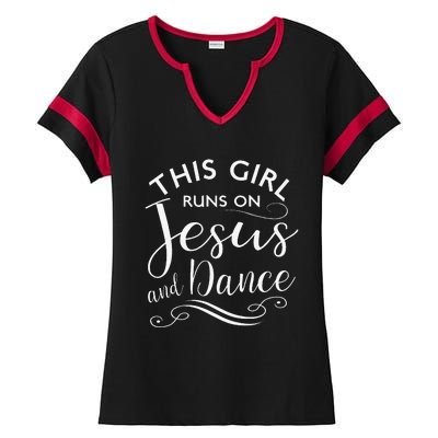 This Girl Runs On Jesus And Dance Christian Rehearsal Gift Ladies Halftime Notch Neck Tee