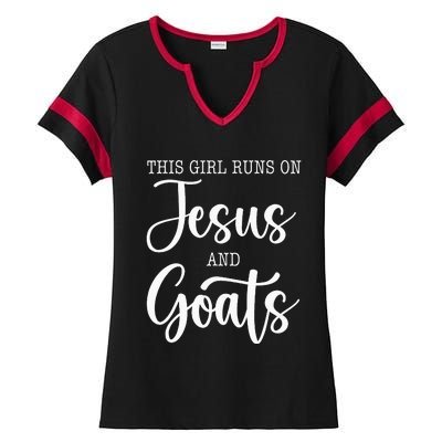 This Girl Runs On Jesus And Goats Goat Lover Christian Ladies Halftime Notch Neck Tee