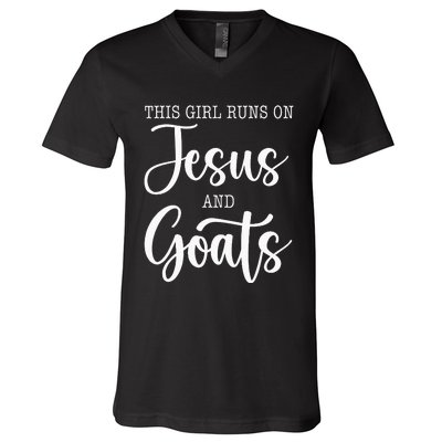 This Girl Runs On Jesus And Goats Goat Lover Christian V-Neck T-Shirt