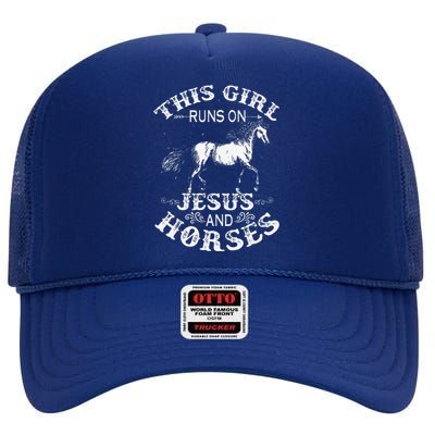 This Girl Runs On Jesus And Horses Horse Riding Equestrian Gift High Crown Mesh Back Trucker Hat