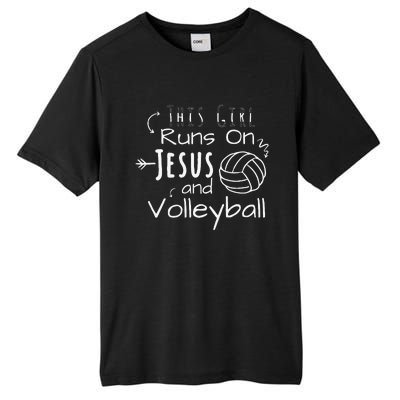 This Girl Runs On Jesus And Volleyball Christian Tall Fusion ChromaSoft Performance T-Shirt