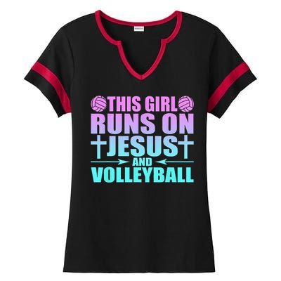 This Girl Runs On Jesus And Volleyball Novelty Ladies Halftime Notch Neck Tee