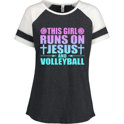 This Girl Runs On Jesus And Volleyball Novelty Enza Ladies Jersey Colorblock Tee