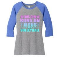 This Girl Runs On Jesus And Volleyball Novelty Women's Tri-Blend 3/4-Sleeve Raglan Shirt