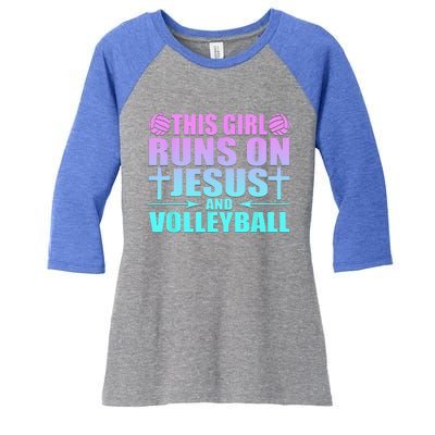 This Girl Runs On Jesus And Volleyball Novelty Women's Tri-Blend 3/4-Sleeve Raglan Shirt