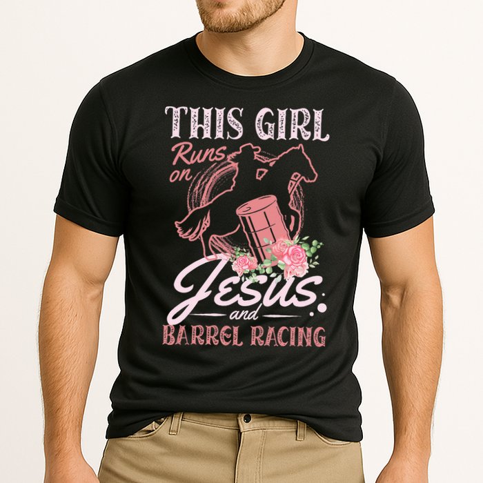This Girl Runs On Jesus And Barrel Racing For A Barrel Racer Cooling Performance Crew T-Shirt