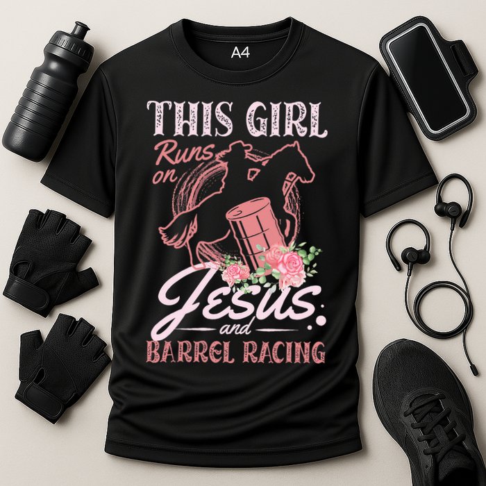 This Girl Runs On Jesus And Barrel Racing For A Barrel Racer Cooling Performance Crew T-Shirt