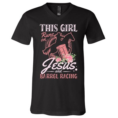 This Girl Runs On Jesus And Barrel Racing For A Barrel Racer V-Neck T-Shirt